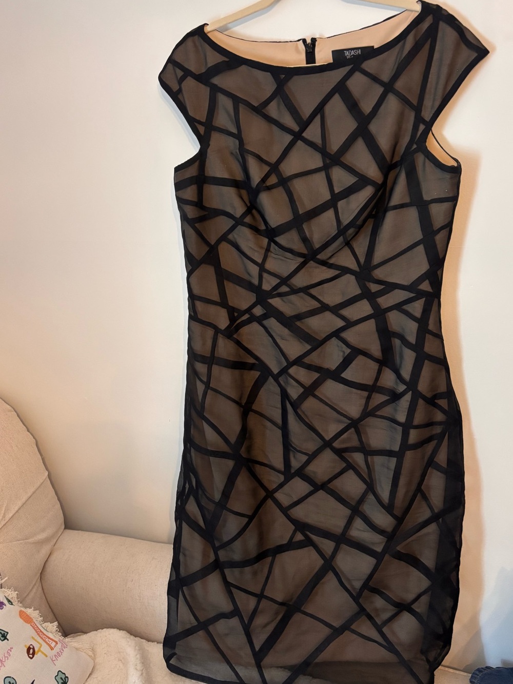 Tadashi Collection Sleeveless Black Geometric Mesh Midi Dress with Nude Lining
